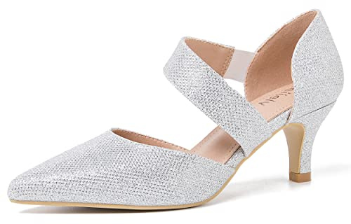 Peijely Women's Pointed Toe Kitten Heel Pumps, Elastic Strap Dress Shoes, Slip On Professional Office Wear Glitter Silver 39 - US 7.5
