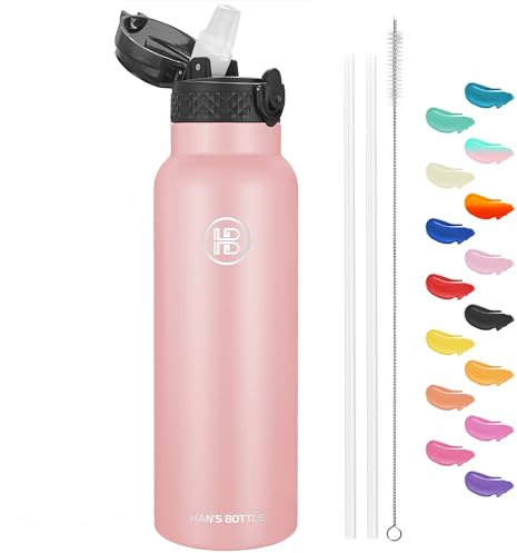 Han's Bottle Sports Water Bottle - 24 Oz, Straw Lid, Leak Proof, Vacuum Insulated Stainless Steel, Double Walled, Thermo Mug,Blush
