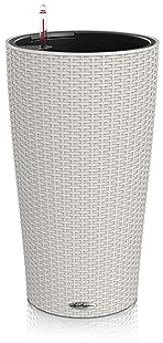 Lechuza Self Watering Plant Pot CILINDRO Cottage 32 Rattan Look Garden Flower Indoor and Outdoor Plastic Planter with Drainage Hole D32 H56 cm Light Grey