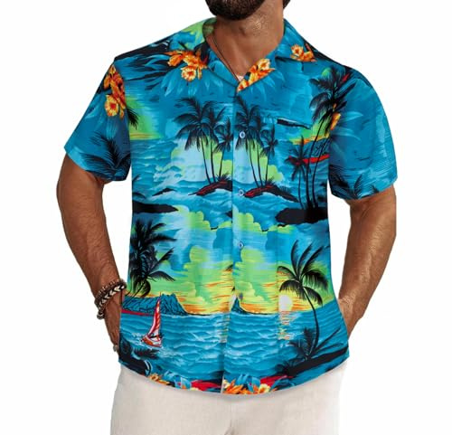 REDSTAR Summer Hawaiian Shirts for Men - Hawaiian Fancy Dress Mens Short Sleeved Shirts with Tropical Floral Print - Mens Hawaiian Shirts for Stag Do or Beach Party (Large, Blue)