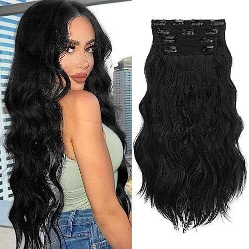 Sofeiyan Clip-in Extensions - 4 Stück Lange Gewellte Synthetische Haarverlängerung, Natürliche Faser, Weich, Spitze Schuss, 50cm Schwarz für Frauen