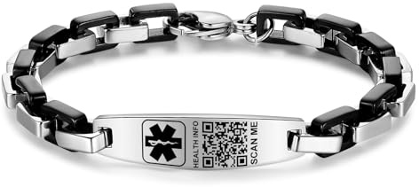 Theluckytag Verbesserte medizinische Armbänder mit QR-Code für Damen und Herren, medizinisches Notfall-ID-Armband – Sterling-Silber, kleiner Code 17,8 - 22,9 cm – mehr Platz, individuelle
