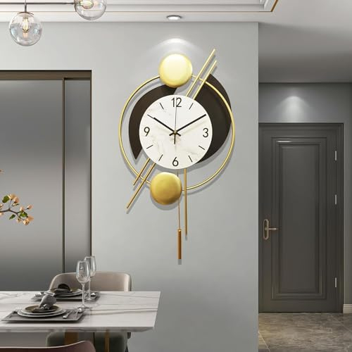 GERHWASH Reloj de pared grande sin ruido de tictac, moderno reloj de pared distintivo hecho de metal con péndulo dorado, reloj de péndulo negro dorado para sala de estar, dormitorio, cocina