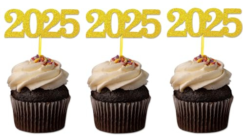 2025 Cupcake Toppers, 24 Pack Glitter 2025 Food Cake Picks Dekoration für Neujahr Geburtstag Hochzeit Graduierung Party Dessert Dekoration (Gold)