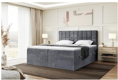 MEBLINI Boxspringbett mit Bettkasten - 140x220 - H3/Dunkelgrau Samt - Lukas - Gepolstert Doppelbett mit Matratze und Topper - Polsterbett mit Stauraum - Bett mit Kopfteil - Stauraumbett