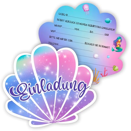 Elektheim 12 Stück Meerjungfrau EINLADUNGSKARTEN， Kinder Kreative Kunsthandwerk EINLADUNGSKARTEN für Mädchen Jungen Kinder zum GEBURTSTAG Einschulung und KINDERPARTY