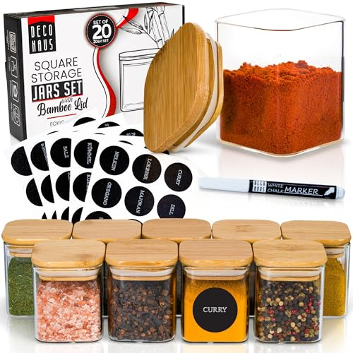 Deco haus® Juego de 20 tarros de especias rectangulares con etiquetas para especias, juego de tarros de especias con tapa de madera, para guardar especias, recipiente para especias