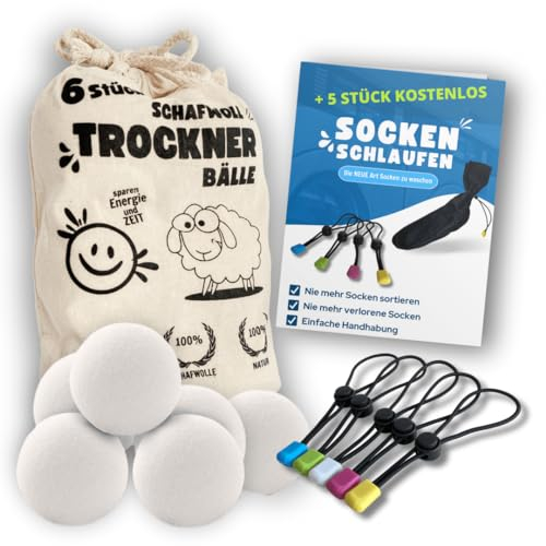 Trocknerbälle aus Schafwolle - flauschige Wäsche aus dem Wäschetrockner ohne Wäscheparfüm und Trocknertücher - Ideal auch für Daunenjacken - Set zu 6 Stück im Beutel
