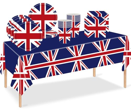 53 Stück Union Jack Geschirr Pappbecher, 17,8 cm Teller, Servietten, tolle britische Tischdecke, Party-Tischdekorationsset, Union Jack, Tischdecke, Teller, Becher, Papierservietten, Geschirr, Sport