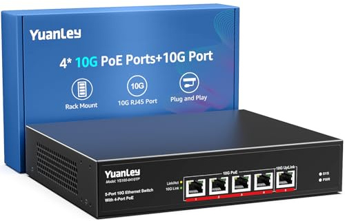 YuanLey Commutateur PoE Non Géré à 5 Ports 10G avec 4 Ports PoE, 4 x Ports 10G Base-T, 1 x Uplink, IEEE802.3af/at, 65W, Compatible avec 1G/2.5G/5G/10G, Commutateur Réseau 10Gbe Montable Rack