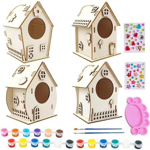 Kit per casetta per uccelli in legno, design a corda, kit di costruzione per casetta per uccelli in legno, funzione di fissaggio con corda, pittura, pennello, tavolozza, colla inclusa