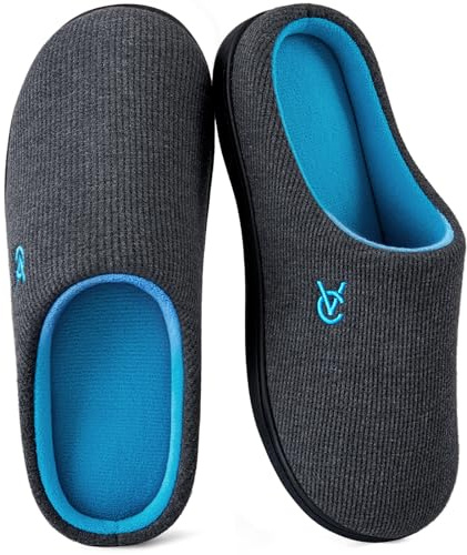 VeraCosy Women's Two-Tone Slippers Soft Comfy Knit Memory Foam Non-slip Indoor House Shoes Charcoal Cobalt, 5-6 UK