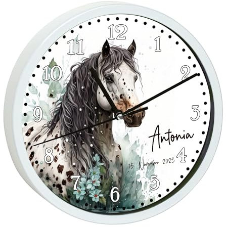 CreaDesign, Wanduhr Kinder personalisiert mit Name, Motiv Wanduhr mit roten Rahmen Pferd Appaloosa, Rahmen Wanduhr rot, Ø 19,5 cm