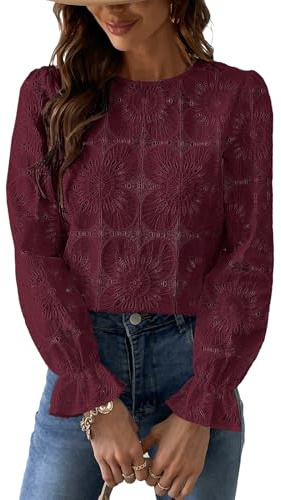 CUPSHE Blusa para mujer con flores, con recortes, cuello redondo, mangas largas, volantes, camisa elegante, camiseta informal, tops, granate, S