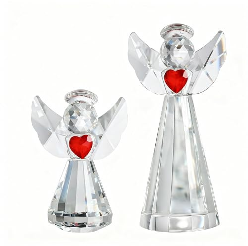 HDCRYSTALGIFTS Set 2 Crystal Angel Figurine Gifts for Women, Glass Chrismas Guardian Angels Ornaments Statues Holding a Heart Home Table Decoration Collectible (Clear,4.5''and 3'')