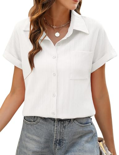 PASUDA Camicia Donna Estiva Camicetta Elegante Blusa Manica Corta da Donna Maglia Estiva Maglietta Casual Scollo a V con Bottoni Shirt Tinta Unita Classico Tops (Bianco, S)