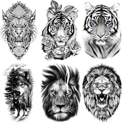 AIBAOBAO 6 Feuilles Tatouages Temporaires, Faux Tatouage Homme Femme 21 x 15 cm, Tatouage Tigre Lion Loup, Tatouage Autocollant 3D Imperméables, Tatouage pour Cou Torse Bras Dos Cuisse Corps Poitrine