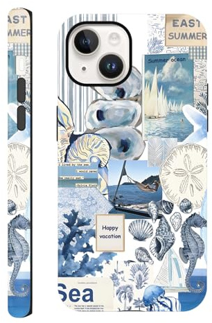 Yirlbey Handyhülle für iPhone 14 / iPhone 13 Hülle 6,1, Aesthetic Summer Collage Meeresfrüchte Muster Motiv Design für Mädchen Schutzhülle Zweischichtige Stoßfest Weiche Bunt Silikon TPU Case, Hülse