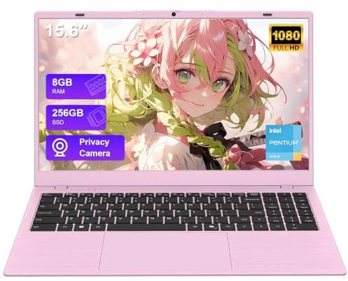 VIGSENUP Laptop rosa, computadora portátil de 15.6 pulgadas, 12 GB de RAM 512 GB SSD, procesador N150 de 4 núcleos (Beat a N95, N5095), hasta 3.6 GHz, huellas dactilares, KB retroiluminado, WiFi6