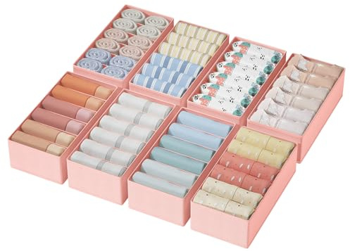 Homsorout Kleiderschrank Organizer Unterwäsche Organizer - Faltbare Aufbewahrungsbox Stoff 8 Stück Schubladen Ordnungssystem Schubladen Organizer für Hosen, Kleidung, Socken, Rosa