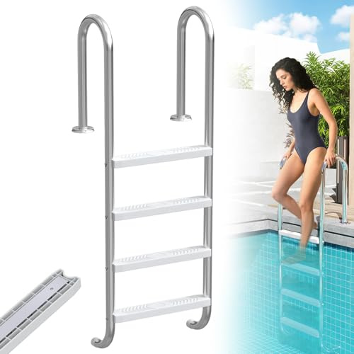 LZQ rostfritt stål spolstege | poolstege med 4 halkfria steg | kan belastas upp till 150 kg | pooltrappa med halkskydd | Instegsstege för pool och pool | 157 x 54 x 26,5 cm – silver