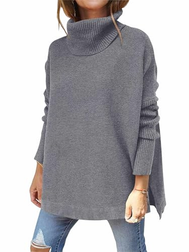 Hormtaer Pullover Damen Winter Rollkragenpullover Warm Oversized Strickpullover Rollkragen Stricken Pulli Grobstrickpullover Sport Sweatshirt Casual Lose Langarm Oberteile (Grau1, M)