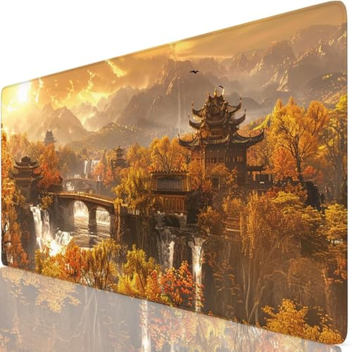 Tapis de Souris Automne 800x300x3mm sous Main Bureau avec Base Anti-Dérapage, Paysage Tapis de Souris Gamer Imperméable, Accessoire Bureau Antidérapant Surface Mouse Pad pour PC Ordinateur Y8-219