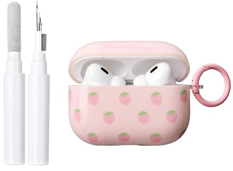 Reownest Hülle Kompatibel mit AirPods Pro 2. und 1. Generation mit Reinigungsset, Süßes Erdbeer-Design Weiche TPU Stoßfeste Schutzhülle Case Cover – Rosa Erdbeere