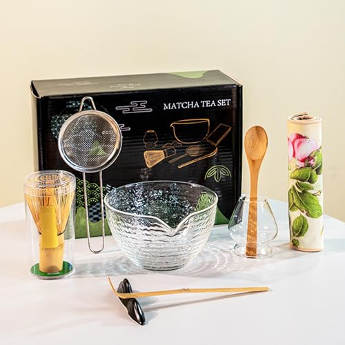 Ensemble de 8 fouets à matcha japonais avec bol en verre, fouet, cuillère, tamis, support et torchon, kit complet de fabrication de matcha pour usage domestique ou cadeau (transparent)
