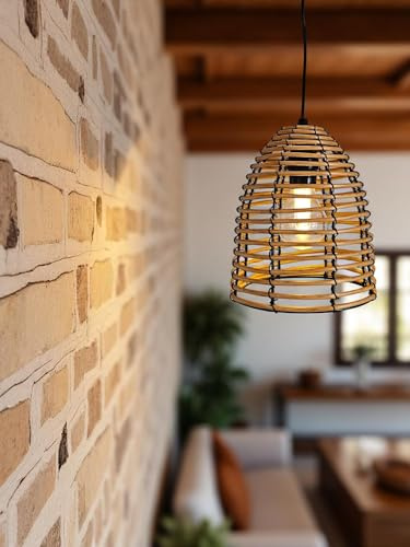 Meinposten LED-Pendelleuchte Rattan-Look Batterie Timer IP44 18x16 cm