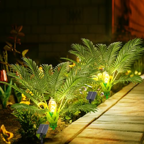 4 Pack Artificial Plants Outdoor with Solar Light 25 Prelit Christmas Tree with Spike Pathway Light with 8 Lighting Modes for Xmas Decoration Yard Patio Garden Walkway Sidewalks Landscape- Palm Tree