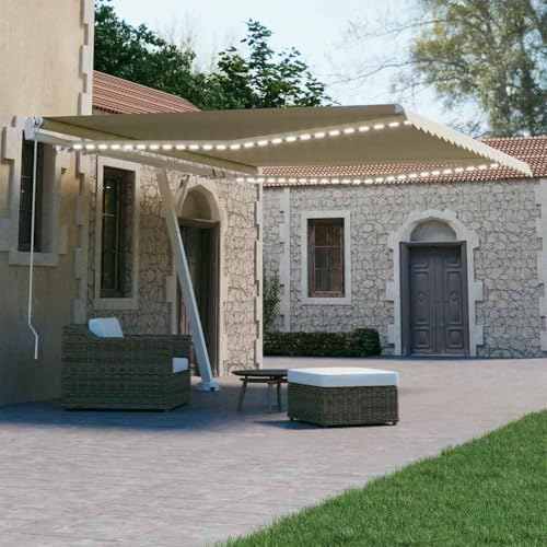 Tenda da Sole Retrattile Manuale con LED Solari, 400x300 cm, Tessuto Poliestere Impermeabile UV, Struttura in Alluminio, Crema, per Balcone Giardino Terrazzo