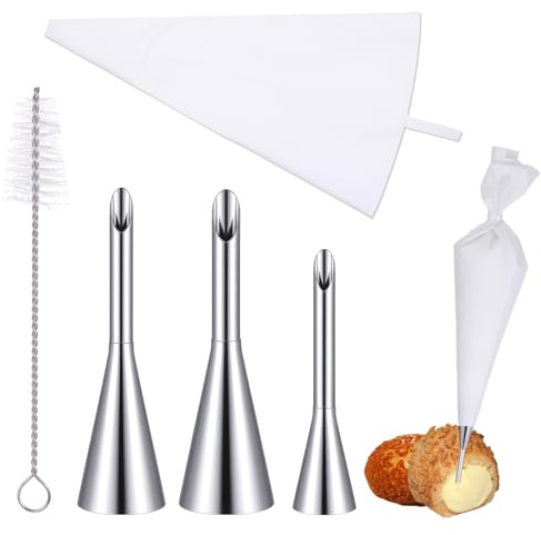Lnngub Puff Cream Filling Piping Tips Kit,3 Pcs Long Puff Nozzle Tips with 1 Reusable Pastry Piping Bag & 1 Injector Tip Cleaning Brush Cupcake Filler Tool for Filling Donuts Cupcakes Cream Puffs