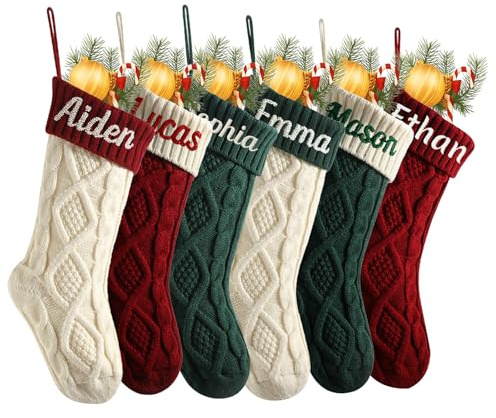 CHARMMYFASHION Weihnachtsstrümpf Personalisiert,46cm Große Klassische Gestrickt Bestickte mit Namen, Personalisiert Weihnachtsstrümpfe Zopfstrick, Familie, Kamindekorationen