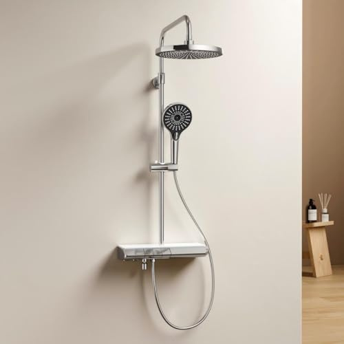 EMKE Duschsystem mit Thermostat, Digitales Display Duscharmatur mit Thermostat, LED-Beleuchtung Regendusche mit Armatur, Duschset mit Handbrause 3 Strahlarten, Duschsäule Komplettset, Chrom