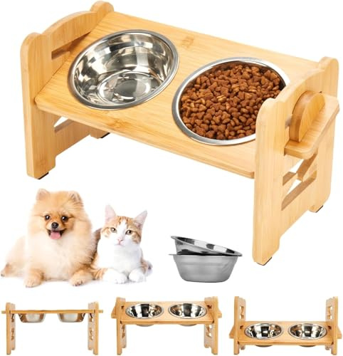 Zidanventures Small Raised Dog Bowls - 6 Adjustable Heights (5-15cm) Elevated Feeder for Small Dogs & Puppies - 15° Slanted Bamboo Stand & 2 Stainless Steel Bowls - Fits Frenchie, Pug, Corgi, Cat
