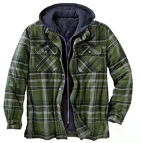 VDDTAGAM Chemises à Capuche pour Homme en Flannel Vestes à Doublure Fleece à Carreaux Plaid Chemises Hoodies Boutonnées Vestes Padded Check Lumberjack (Army Green,3XL) VDD370