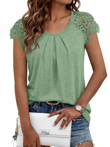 LILLUSORY Womens Lace Cap Sleeve Tops Summer Scoop Neck T Shirts Green L