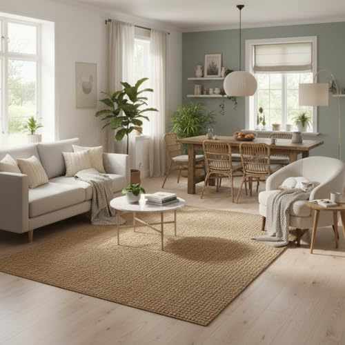 Handwoven Jute Rug for Living Room Natural Brown Textured Floor Mat Durable Flatweave Carpet for Hallway Bedroom Entryway or Kitchen Rustic Farmhouse Style 120cm x 170cm
