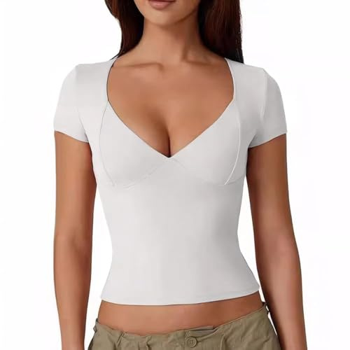 QKEPCY T Shirt Donna Maglietta Maniche Corte Camicia Elegante Scollo a V Top Aderente Maglia Casual Abbigliamento Primavera Estate Tshirt Sportiva Morbida (Bianco/M)