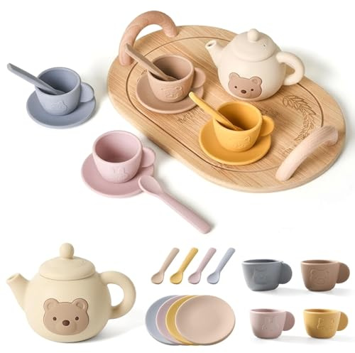 Lardenure Juegos de té para niños pequeños de 3 a 5 años, Juego Educativo para Fiesta de té con Tetera de Silicona, Tazas, Posavasos con Cuchara para Servir para niñas y niños.