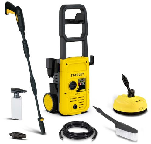 Stanley Nettoyeur Haute Pression SXPW17P, pour Surfaces Domestiques Extérieures et Autos, avec Nettoyeur de Sols et Brosse Fixe, Pression Max. 130 Bar, Débit Max. 450 l/h, Puissance absorbée 1700 W | 1700 W, 130 bar, 450 l/h, avec essuie-glaces et brosse fixe, pour voiture et extérieur à la maison