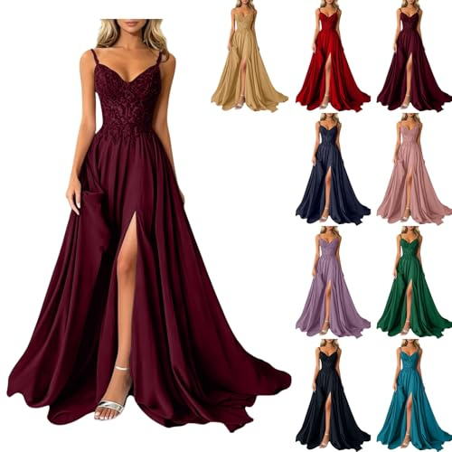 Robe Femme Longue de Bal Cérémonie Mariage Invitée Chic Élégante Bretelles Bustier Dentelle avec Fente Mousseline pour Demoiselle d'honneur Cocktail Soirée Satinée