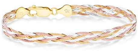 Miabella Italian 925 Sterling Silver, Tri-Color 18K Gold Plated 6-Strand Diamond-Cut 7mm Braided Herringbone Chain Bracelet for Women, Made in Italy (Tri-Color, Length 7.25 Inches)