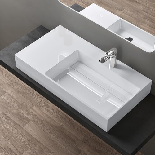 doporro Lavabo Suspendu Blanc 90cm Vasque à Poser Lave Mains Rectangulaire de Qualité pour Salle de Bain 90x48x13cm Colossum12-R