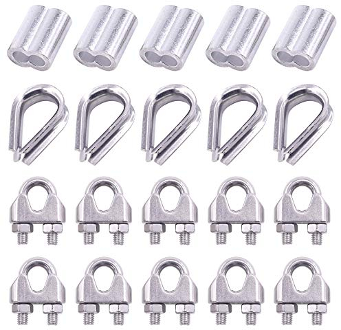 Glarks 24Pcs M8 Wire Rope Cable Clip Clamp with Cable Thimbles Combo and Aluminum Crimping Loop Sleeve Set for Wire Rope Cable Thimbles Rigging (5/16'')