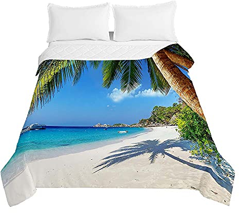 Surwin Tagesdecke Bettüberwurf Steppdecke für Doppelbett Einzelbett, Mikrofaser Wattiert Gesteppt Bettdecke 3D Strand Sommer Dünne Tagesdecken mit Ultraschall Prägung (Kokosnussbaum,220x240cm)