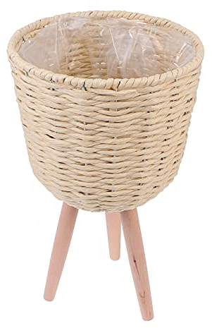 Cabilock Blumentopf Seegras pflanzkorb Seegras Bauch Korb Übertopf geflochten Pflanztopf mit Holzständer Kräutertopf Blumenübertopf Pflanze Blumen Aufbewahrungskorb drinnen draußen Deko