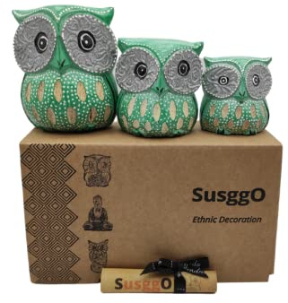 SusggO Eulen-Set, 3 Stück, aus Holz, Dekoration, handgeschnitzt, Glückseule, Kunsthandwerk, für Möbel, Grün