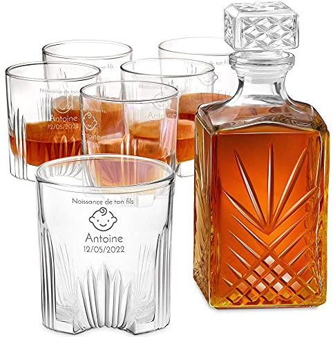 Maverton Ensemble de Carafe en cristal et 6 verres gravés - Whisky set pour gentleman - Cadeau d’anniversaire pour homme - Décanteur avec 6 verres personnalisés - Naissance